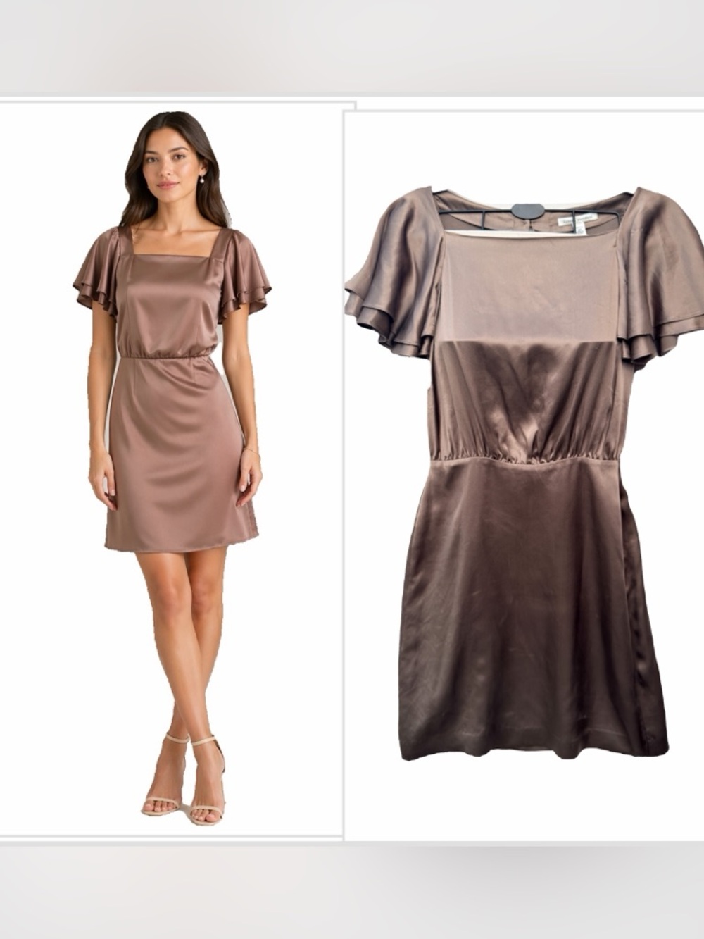 Banana Republic 100% Silk Flutter Sleeve Mini Dress Taupe Brown (NWT/Flawed)